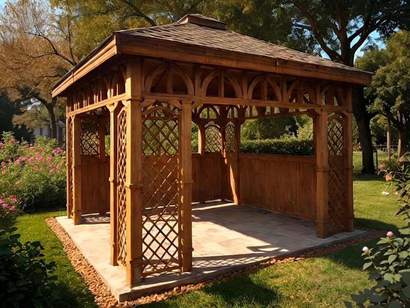 Altana 5 czterokątna klasyczna i elegancka, ryflowane słupy, zabudowane boki. Altana 5 czterokątna klasyczna i elegancka, ryflowane słupy, zabudowane boki.