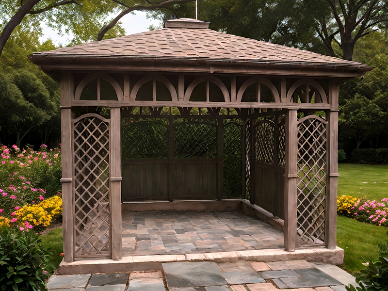 Altana 5 czterokątna klasyczna i elegancka, ryflowane słupy, zabudowane boki. Altana 5 czterokątna klasyczna i elegancka, ryflowane słupy, zabudowane boki.