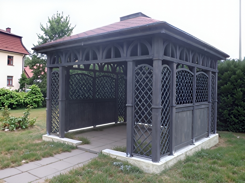 Altana 5 czterokątna klasyczna i elegancka, ryflowane słupy, zabudowane boki. Altana 5 czterokątna klasyczna i elegancka, ryflowane słupy, zabudowane boki.