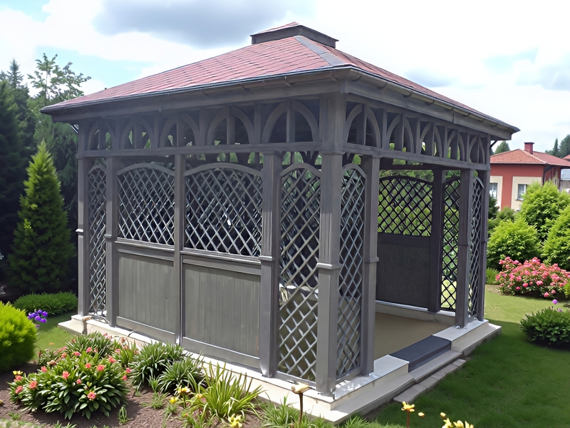 Altana 5 czterokątna klasyczna i elegancka, ryflowane słupy, zabudowane boki. Altana 5 czterokątna klasyczna i elegancka, ryflowane słupy, zabudowane boki.