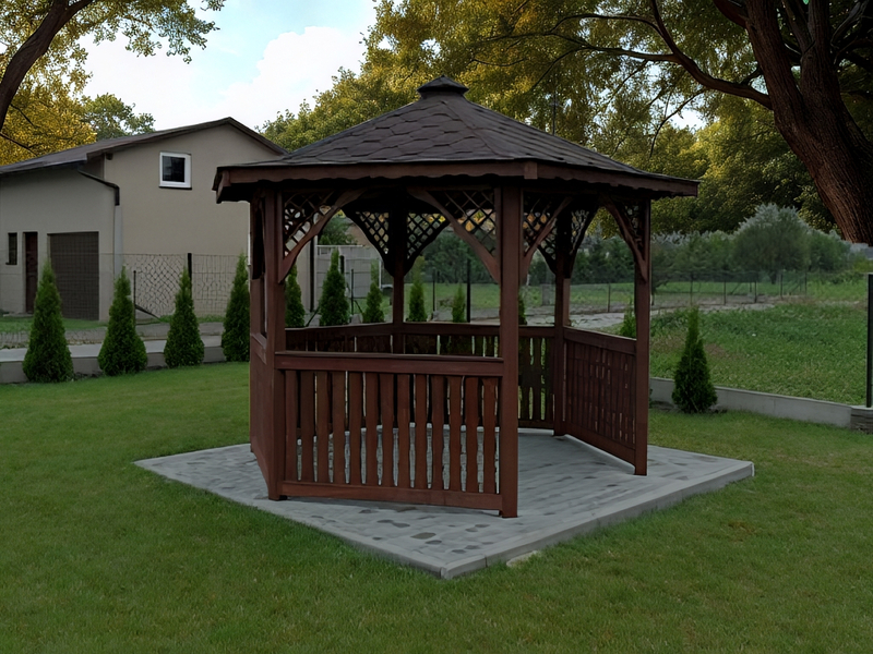 Altana 2 sześciokątna wykonana z drewna sosnowego, bez podłogi. Altana 2 sześciokątna wykonana z drewna sosnowego, bez podłogi.