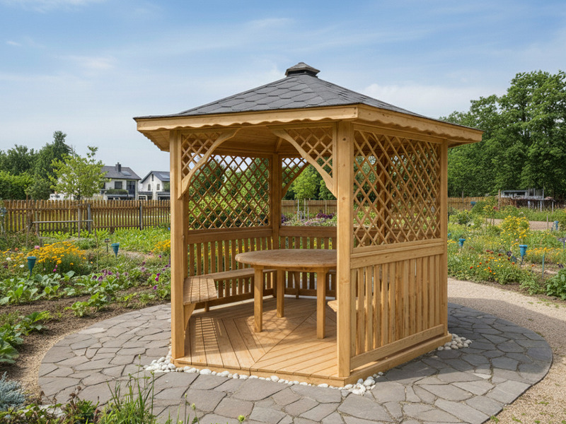 Altana 2 sześciokątna wykonana z drewna sosnowego, wypełniona dodatkową kratką. Altana 2 sześciokątna wykonana z drewna sosnowego, wypełniona dodatkową kratką.