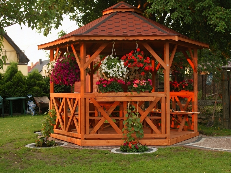 Altana 1 sześciokątna wykonana z drewna sosnowego, kryta gontem bitumicznym.