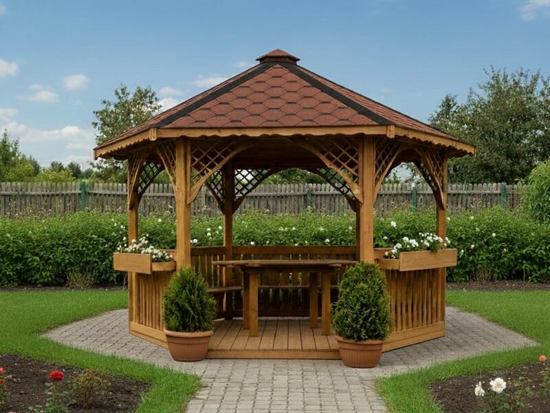 Altana 2 sześciokątna wykonana z drewna sosnowego, kryta gontem bitumicznym.