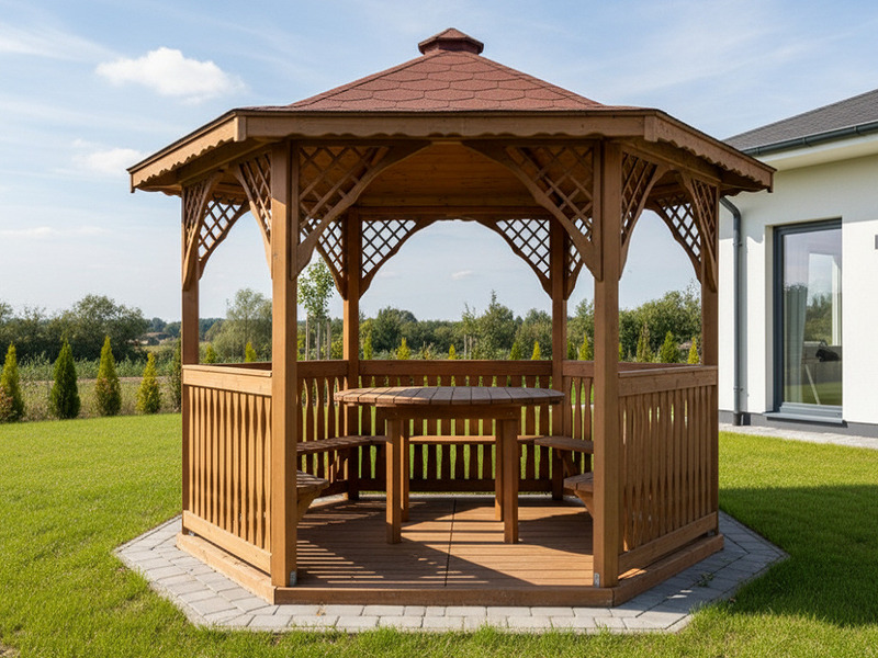 Altana 2 sześciokątna wykonana z drewna sosnowego, kryta gontem bitumicznym.