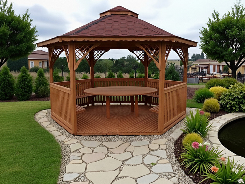 Altana 2 sześciokątna wykonana z drewna sosnowego, kryta gontem bitumicznym.