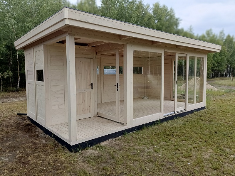 Nowoczesna altana prostokątna nr 35 z domkiem bocznym i szklanymi ścianami