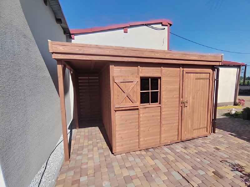 Domek narzędziowy z dobudówką dach płaski Domek narzędziowy z dobudówką dach płaski